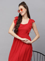 Swiss-Dot Square-Neck Tiered Dress ( RED )