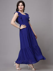 Swiss-Dot Square-Neck Tiered Dress ( BLUE )