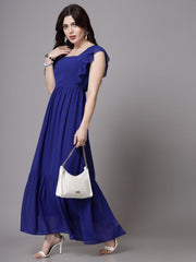 Swiss-Dot Square-Neck Tiered Dress ( BLUE )