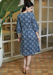 TRENDY INK BLUE FLORAL GATHERED COTTON DRESS