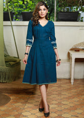 STYLISH BLUE COTTON DRESS WITH HANDPAINTING ON SLEEVES AND NECKLINE