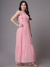 Swiss-Dot Square-Neck Tiered Dress ( BABY PINK )