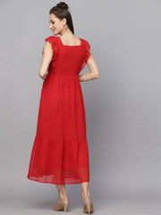 Swiss-Dot Square-Neck Tiered Dress ( RED )