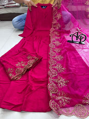 Pure Cotton Kurti Pant With Organza Dupatta Embroidery Work