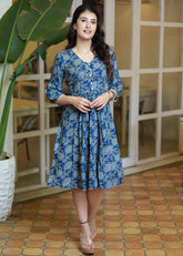 TRENDY INK BLUE FLORAL GATHERED COTTON DRESS