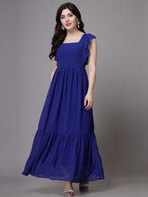 Swiss-Dot Square-Neck Tiered Dress ( BLUE )