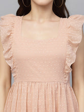 Swiss-Dot Square-Neck Tiered Dress ( peach )