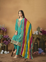 Floral Embroidered Regular Pure Silk Straight Kurta with Trousers & Dupatta