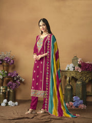 Floral Embroidered Regular Pure Silk Straight Kurta with Trousers & Dupatta