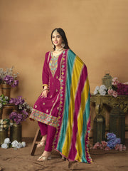 Floral Embroidered Regular Pure Silk Straight Kurta with Trousers & Dupatta