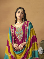 Floral Embroidered Regular Pure Silk Straight Kurta with Trousers & Dupatta