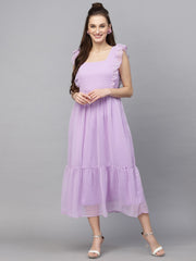 Swiss-Dot Square-Neck Tiered Dress ( LILAC )