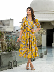 HIR's Yellow Safari Puff Sleeves Midi Dress