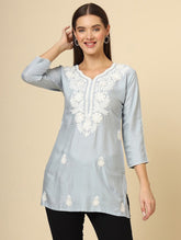 Light Gray Floral Embroidered Chikankari Short kurti