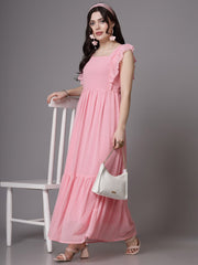 Swiss-Dot Square-Neck Tiered Dress ( BABY PINK )