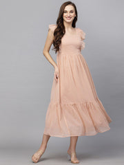 Swiss-Dot Square-Neck Tiered Dress ( peach )