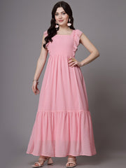 Swiss-Dot Square-Neck Tiered Dress ( BABY PINK )