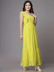 Swiss-Dot Square-Neck Tiered Dress ( LIME YELLOW )