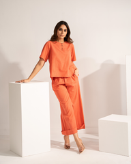 Solid Shirt Style Top and Trousers Co-Ord Set