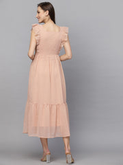 Swiss-Dot Square-Neck Tiered Dress ( peach )