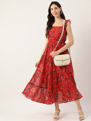 Red Floral Printed Tiered Detailed Square Neck Fit & Flare Dress