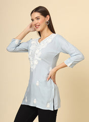 Light Gray Floral Embroidered Chikankari Short kurti