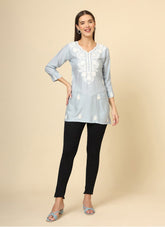 Light Gray Floral Embroidered Chikankari Short kurti
