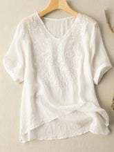 Women Cotton Casual Short Sleeve Shirt Blouse Jacquard Embroidery O-Neck Curved Hem Plus Size Loose Casual Tops