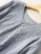 Women Cotton Casual Short Sleeve Shirt Blouse Jacquard Embroidery O-Neck Curved Hem Plus Size Loose Casual Tops(