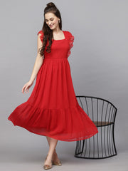 Swiss-Dot Square-Neck Tiered Dress ( RED )