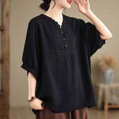 Brooke Loose V-Neck Embroidered Blouse-BLACK