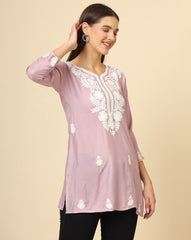 Pink Floral Embroidered Chikankari Short kurti