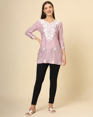 Pink Floral Embroidered Chikankari Short kurti