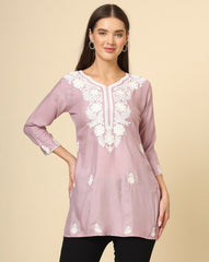 Pink Floral Embroidered Chikankari Short kurti