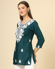 Rama Floral Embroidered Chikankari Short kurti