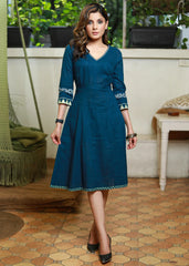 STYLISH BLUE COTTON DRESS WITH HANDPAINTING ON SLEEVES AND NECKLINE