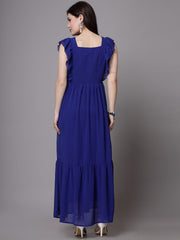 Swiss-Dot Square-Neck Tiered Dress ( BLUE )