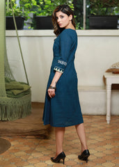 STYLISH BLUE COTTON DRESS WITH HANDPAINTING ON SLEEVES AND NECKLINE