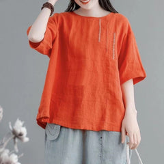 O-Neck Half Sleeve Women's Orange Shirt Loose Fit Top