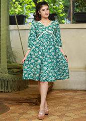 Poli COTTON FLORAL GATHERED DRESS HIGHLIGHTED WITH IVORY MIRROR LACE