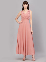 V-Neck Fit & Flare Georgette Dress (PEACH)