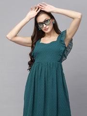 Swiss-Dot Square-Neck Tiered Dress ( BOTTLE GREEN )