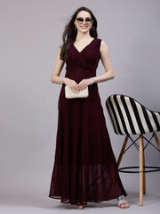 V-Neck Fit &amp; Flare Georgette Dress (MAROON)