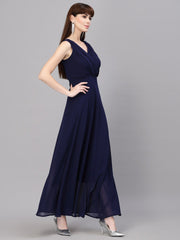 V-Neck Fit & Flare Georgette Dress (NAVY BLUE)