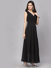 V-Neck Fit & Flare Georgette Dress (BLACK)