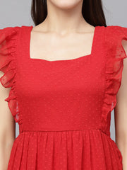 Swiss-Dot Square-Neck Tiered Dress ( RED )