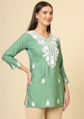 Pista Floral Embroidered Chikankari Short kurti