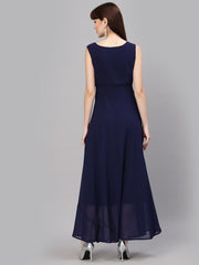 V-Neck Fit & Flare Georgette Dress (NAVY BLUE)