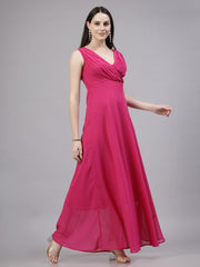 V-Neck Fit & Flare Georgette Dress (PINK)