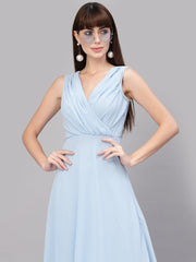 V-Neck Fit & Flare Georgette Dress (sky blue)